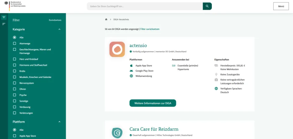 Screenshot der Internetseite DiGA-Verzeichnis.