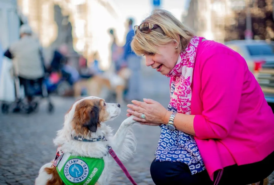 Ein Assistenzhund gibt einer knieenden Frau de Pfote.