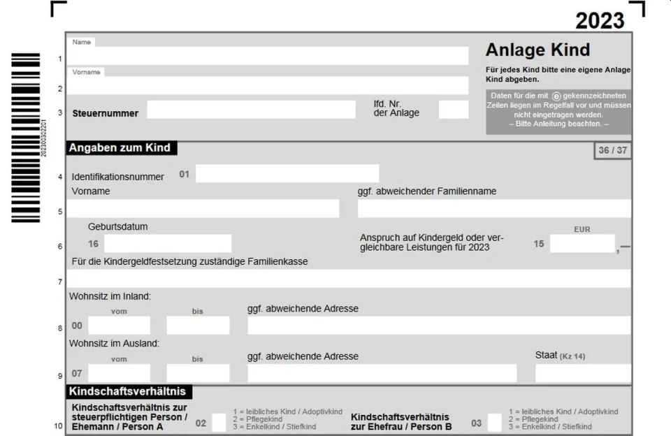 Formular "Anlage Kind" in der Steuererklärung