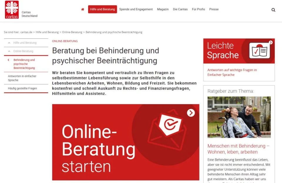 Internetseite der Caritas Online-Beratung zum Thema Behinderung