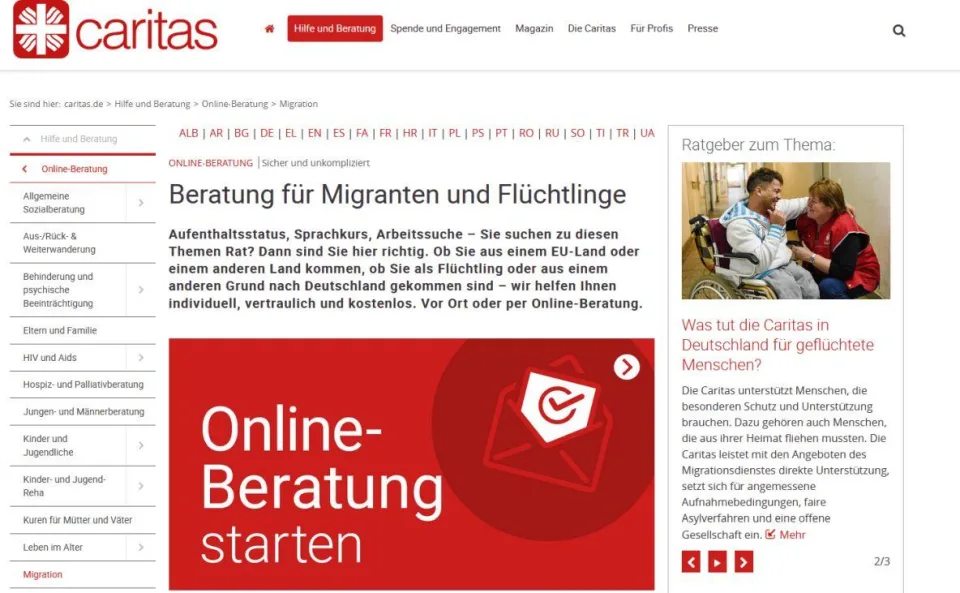 Ansicht der Internetseite "Caritas-Online-Beratung für Migranten und Flüchtlinge".