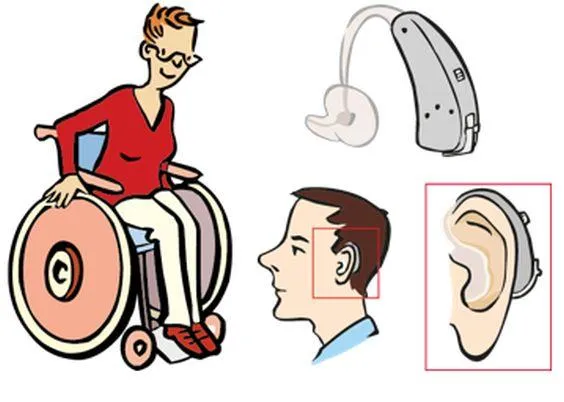 Eine Frau im Rollstuhl, daneben ein Mann mit einem Hörgerät.