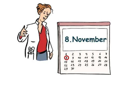 Eine Ärztin, daneben ein Kalender mit dem Datum 8. November.