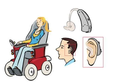 Ein Mädchen im Rollstuhl. Daneben ein Junge mit Hörgerät.